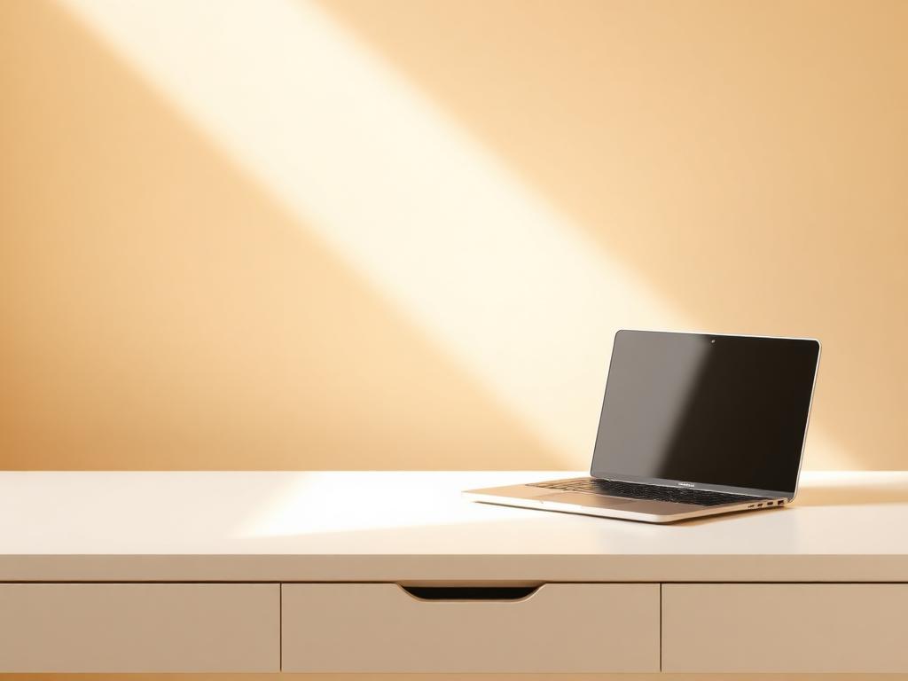 An empty desk with a closed laptop lit by warm afternoon light