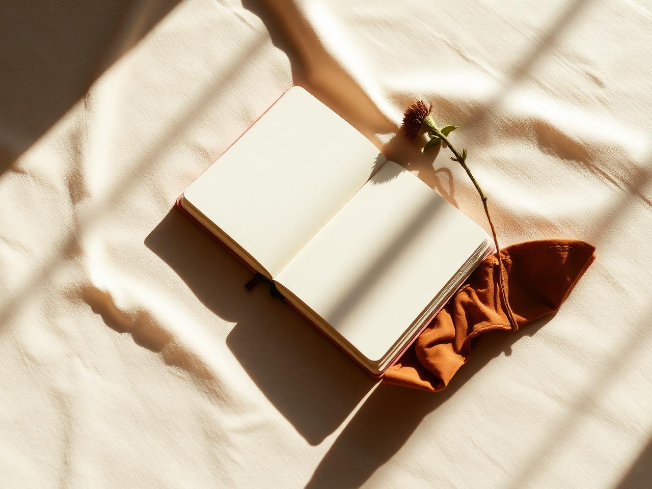 An open notebook resting on cream linen in warm sunlight